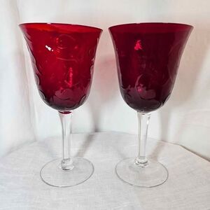 Michael Weems Scroll Pattern Ruby Red Wine Glass Goblet Set of 2 MWC2 Vintage